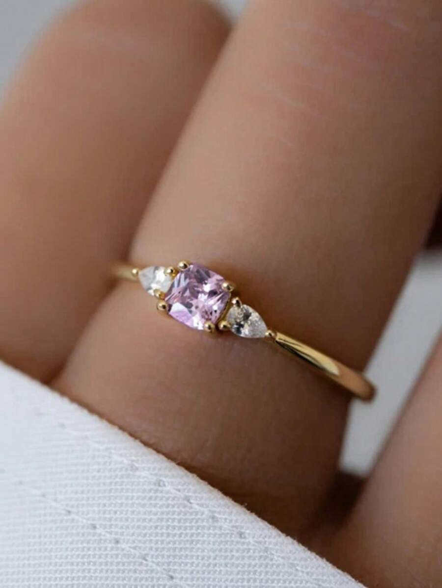 S925 Sterling Silver Purple Square Stone Design Women's Ring, With Shiny Zirconia, High Quality Jewelry - Yellow Gold - View 1