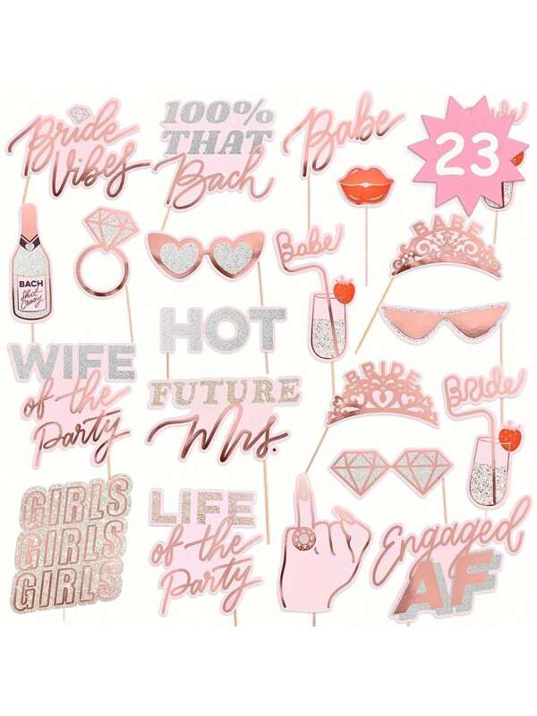 Bachelorette Photo Booth Props - 23 Pieces, Pre-Assembled - Rose Gold Future Mrs Party Decorations, Bride To Be, Bridal Shower