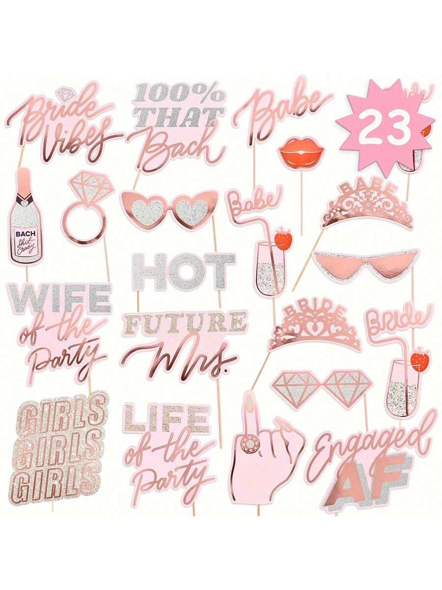 Bachelorette Photo Booth Props - 23 Pieces, Pre-Assembled - Rose Gold Future Mrs Party Decorations, Bride To Be, Bridal Shower