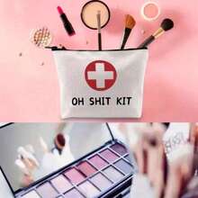 Printed Canvas Cosmetic Bag With Thickened Lining, Retro Zippered Pouch For Makeup, Keys, Phone, Wallet, Pen, Portable Large Capacity Coin Purse - Beige - View 3