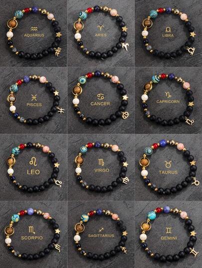 一条带有八大行星和十二星座的手链，男女通用的天然石太阳系手镯，天秤座、处女座、狮子座星座吊坠手链，情人节情侣礼物。