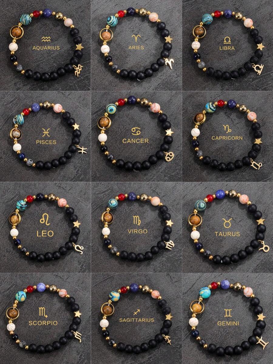 一条带有八大行星和十二星座的手链，男女通用的天然石太阳系手镯，天秤座、处女座、狮子座星座吊坠手链，情人节情侣礼物。