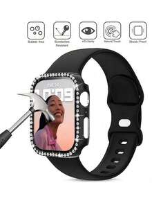 2条装女士经典柔软舒适可调节硅胶运动表带，带水钻装饰，二合一超薄钢化玻璃屏幕保护膜，兼容 38/40/41/42/44/45/46/49mm，适用于 Series Ultra/SE/11/10/9/8/7/6/5/4/3/2/1 - 黑色(無手錶) - 查看 7