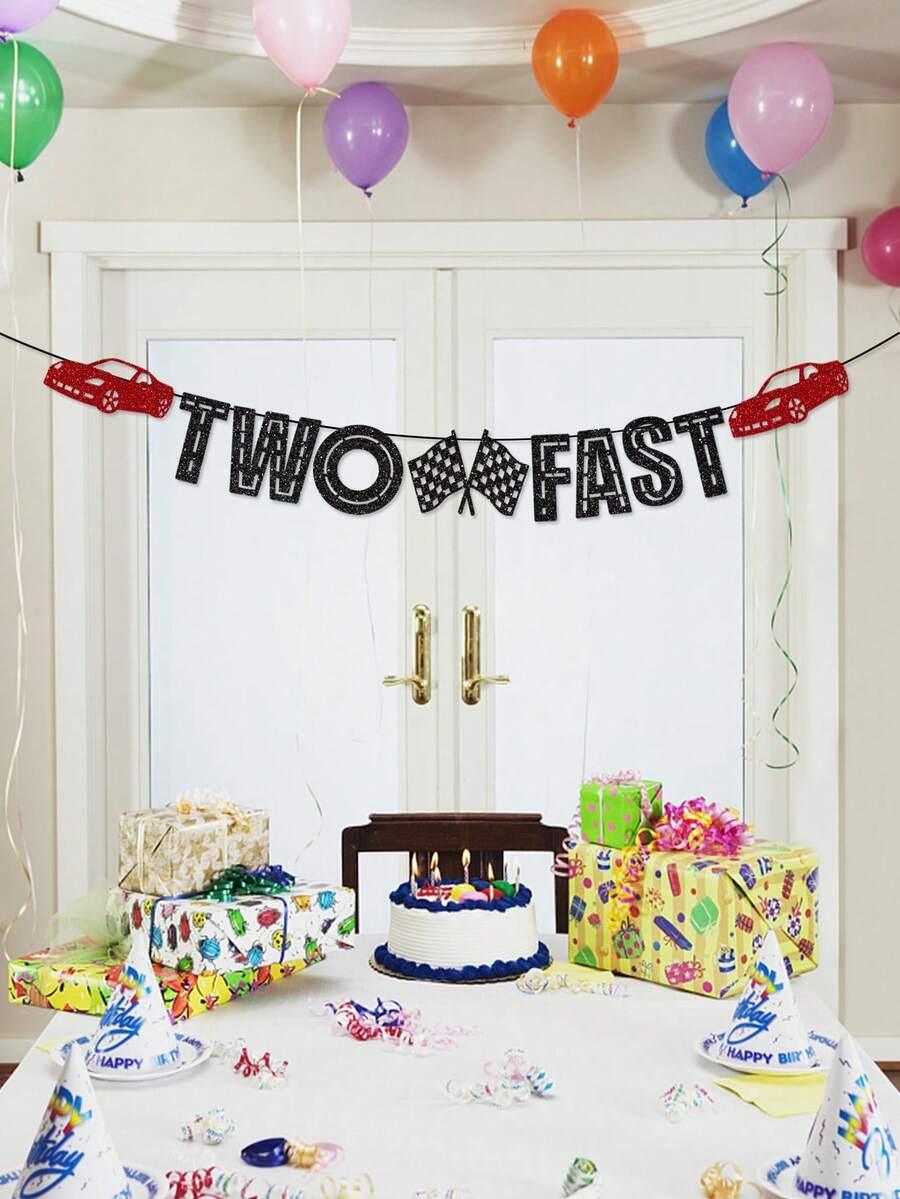 1 pieza Decoración de pancarta de fiesta de cumpleaños con temática de carreras de autos "Dos rápidas" para fiesta de cumpleaños - Multicolor - Ver 1