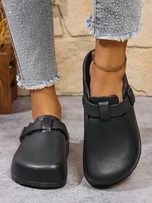 女士厚底花园木屐 - 迷人的封闭式趾沙滩凉鞋，轻便，时尚新款黑色纯色平底木屐，休闲镂空设计花园鞋，舒适 - 黑色 - 查看 4