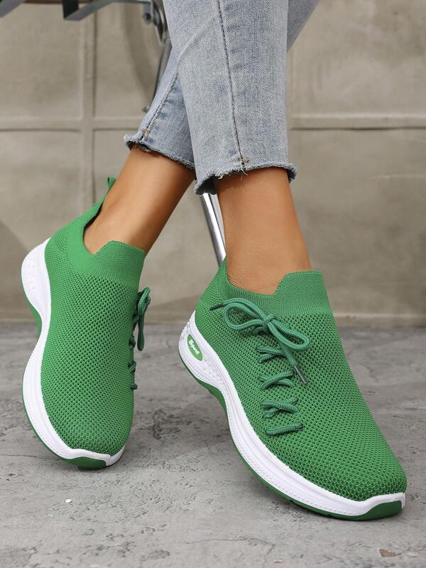 Zapatillas con cordones verdes para mujer, de malla transpirable y suela blanda, adecuadas para primavera, verano y otoño