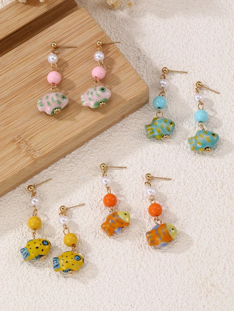1 Pair Vintage Ceramic Cute Fish Shaped Earrings For Girls, Suitable For Daily Wear, Vacation, Parties - Multicolor - View 1