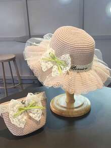 1PC Girls Lace Pearl Green Bow Princess Style Big Hat Beach Hat Sunscreen Bucket Hat Straw Hat Personalized Text Customization