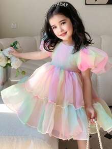 Young Girl Princess Dress, Colorful High-End Rainbow Mesh Skirt, Fluffy Skirt, Puff Sleeves, The Skirt Is Very Cute, Suitable For Various Party Occasions, Performance Competitions, Etc - Pink - View 3