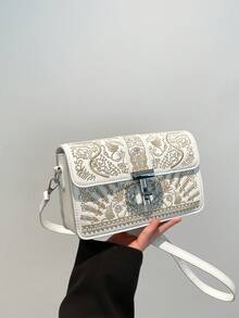 Borsa a tracolla elegante e unica con ricamo floreale, borsa a spalla in pelle PU di moda per donna, con chiusura a gancio metallico, design vintage a patta quadrata, adatta per lo shopping e l'uso quotidiano - Bianco - Visualizzare 4