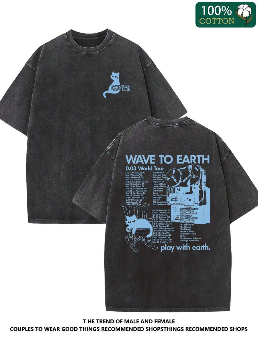WAVE TO EARTH Play With Earth Letters Kitten Print Men's T-Shirt, 250g Cotton Double-Sided Washed Print Round Collar Short-Sleeved T-Shirt, Fashionable Washed Retro Batik High-Quality Cotton T-Shirt, Street Retro Loose Casual Hip-Hop Men And Women - 黑色 - 查看 1