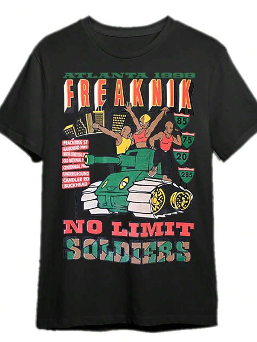 Men's 90s Freaknik No Limit Graphic T-Shirt - Black Cotton Short Sleeve Tee With Vibrant Bulldozer Design, Casual Spring Break Style, Machine Washable, Casual Wear Tee | Energetic Design Top | Glossy Finish Tee - Black - View 1