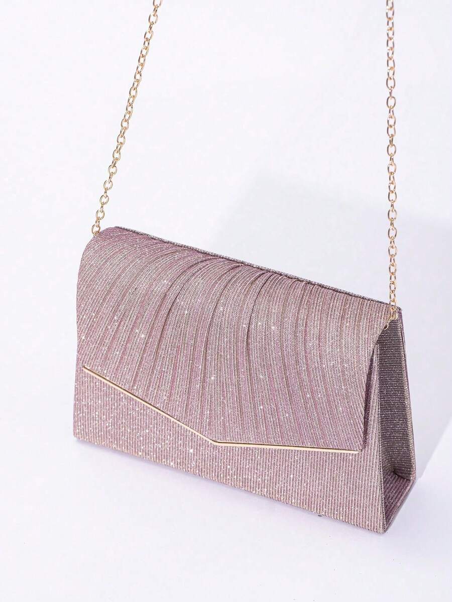 1pc Solid Color V-Edge Glitter Diagonal Clutch Bag, Simple & Elegant Evening Handbag For Women Party, Wedding, Daily Use - Dusty Pink - View 1