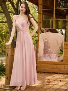 EVERPRETTY Summer Elegant Solid V-Neck Ruched Draped Split Pink Bridesmaid Dresses For Graduation - Baby Pink - View 11