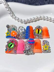 10pcs Y2K Platypus Handmade Nail Stickers, Rhinestone Decor, Evil Eye Pattern, Exaggerated Jewelry Design, Gradient Fusion, DIY Nail Stickers, Acrylic False Nails; Suitable For Holidays, Parties, Daily Wear; Includes 1pc Jelly Gel And 1pc Mini Nail File. Nail Supplies - Multicolor - View 3