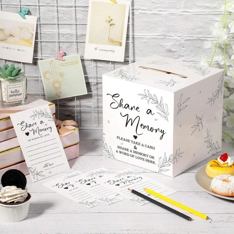 1 Set Memory Card Storage Box With 50 Sharing Cards, Memento Card Box, Creative Card Box, Suitable For Graduation Ceremony, Wedding Party, Funeral - White - View 1