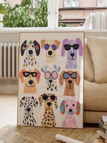 1幅戴墨镜的狗狗帆布艺术画，适合房间装饰、儿童房装饰、墙面艺术、帆布画，适用于儿童房、幼儿园、卧室、客厅装饰、婴儿派对、家居装饰、礼物、教室、早教、自粘艺术贴纸、婴儿派对、家居装饰、礼物 - 彩色 - 查看 8