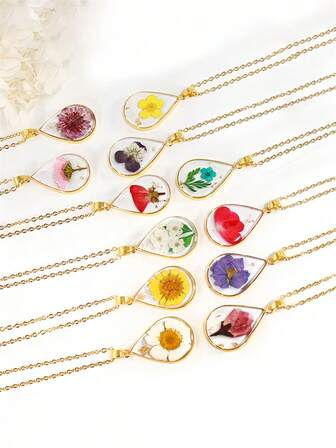 1 滴形十二月花吊坠，真花树脂饰品，永生花，干花，生日月份花，时尚女性用品，朋友礼物，母亲节礼物