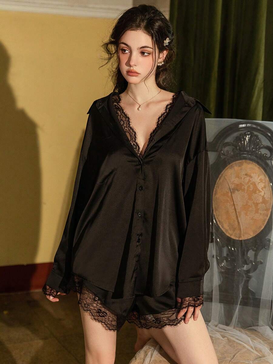 Solid Color Lace Top 1+ Lace Shorts 1, Sexy Underwear Pure Desire To Uniform Sexy Lace Boyfriend Wind Long-Sleeved Pajamas Home Service 2-Piece Temptation Sexy Lingerie Set