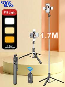 27.2 Inch/69cm Wireless Bluetooth Selfie Stick Tripod With 3-Level Adjustable LED Soft Light, 360° Rotation Stainless Steel Anti-Shake, Compatible With IPhone, Android Smartphones, Suitable For Travel, Live Streaming, Family & Friends Photos - Multicolor 1.7 Meters - View 2
