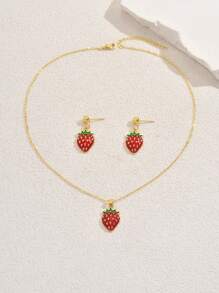 3pcs Set Summer Elegant Metallic Delicate Cherry Necklace & Earrings Jewelry Set, Suitable For Daily Wear Or Gift