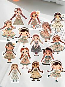 17 pezzi/18 pezzi Adesivi decorativi d'arte, ragazza divertente e vivace con trecce a doppia ciambella/lettrice gotica, adatti per scrapbooking artigianale, album, pianificatore, diario, cancelleria vintage, ideali per ritagli, diari, laptop, progetti fai-da-te