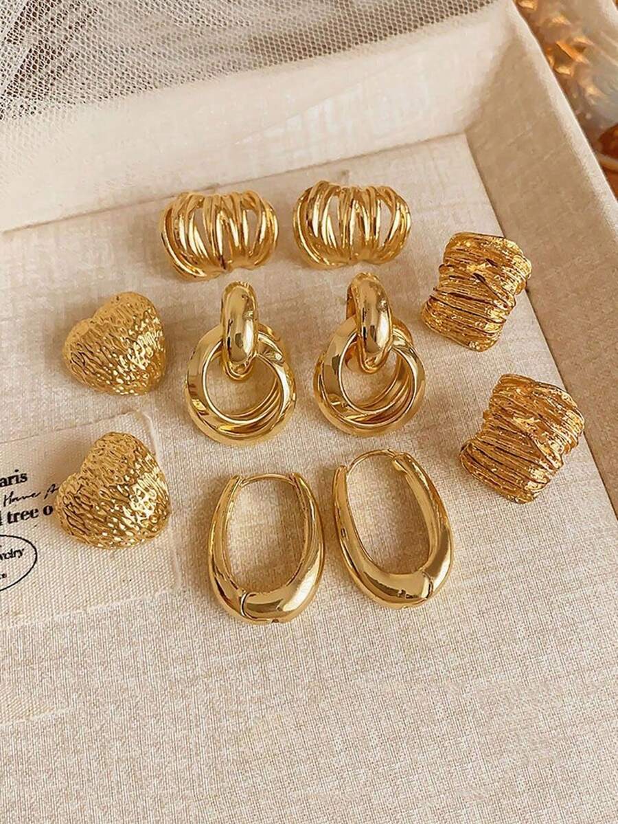 5Pcs Set Minimalist Oval Geometric Multi-Layer Metal Retro Delicate Luxury Niche Design Earrings Set, Suitable For Women's Daily And Holiday Wear - Set G - View 1