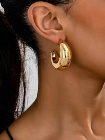 1 Pair Plus Size Chunky Round Polished Metal Hoop Earrings Suitable For Women