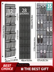 [1pc]Over The Door Shoe Organizer 12/28/35 Mesh Pockets (145cm*32cm/57"*13", 180cm*48cm/71"*19", 170cm*67cm/67"*26") - 4.23/7.16/10.26oz Polyester Non-Woven Storage Bag For Sneakers,Heels,Sandals,Toys - Space Saving Hanging Closet Organizer With Reinforced Hooks,Modern Minimalist Design For Home,Office,Dorm, (Gray)