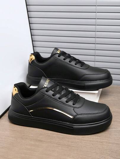 Vielseitige schwarz-goldene kontrastfarbige Schnürsneaker im modischen Stil für Herren, für Lässig/Pendeln, Schnürplattform für alle Jahreszeiten, unisex