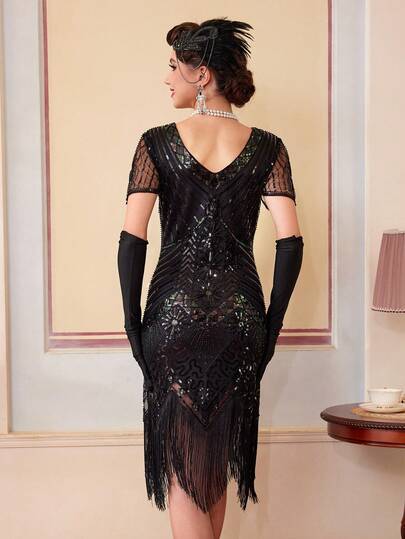 1920s Style Flapper Dress, Sleeve Dress, Roaring Twenties Harlem Nights Dress Wedding Party Black