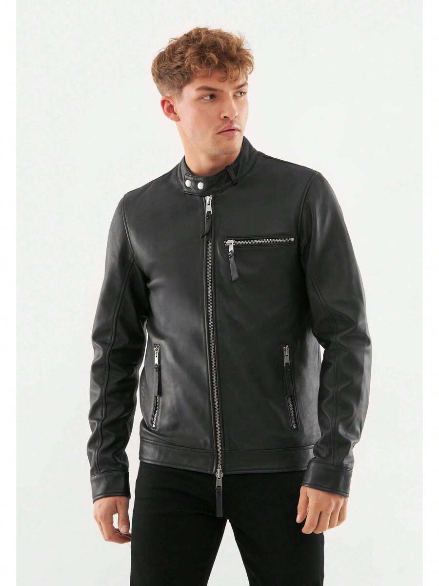 Bolongaro Trevor Real Leather Classic Racer Jacket - Black - View 1