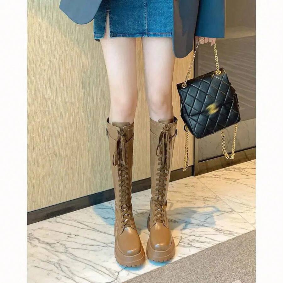 The New Thick-Soled, Knee-Length, Slimming Long Boots And High Boots For Women Show Off Their Long And Handsome Legs - Khaki - View 1