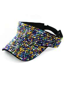 1pc Handmade Rhinestone Embellished Solid Color Sun Hat For Women