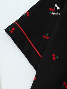 2pcs Plus Size Women Comfy Cherry Print Single-Breasted Lapel Short Sleeve Top And Shorts Pajama Set, Suitable For Home Wear, Spring/Summer, Outfits