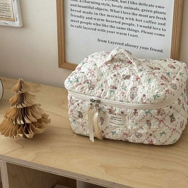 Bolsa de cosméticos com estampa aleatória de ovelhas e flores, bolsa de maquiagem com zíper de tecido macio, bolsa de armazenamento fofa para casa, viagem, uso externo, feminina