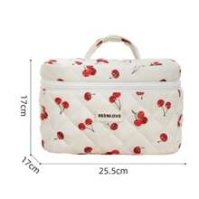 Borsetta trucco carina con stampa a fiocco e ciliegie, borsa cosmetica imbottita in tela stampata floreale di alta qualità con grande capacità, borsa portatile per vacanze, spiaggia, bagno, camera da letto, grande capacità