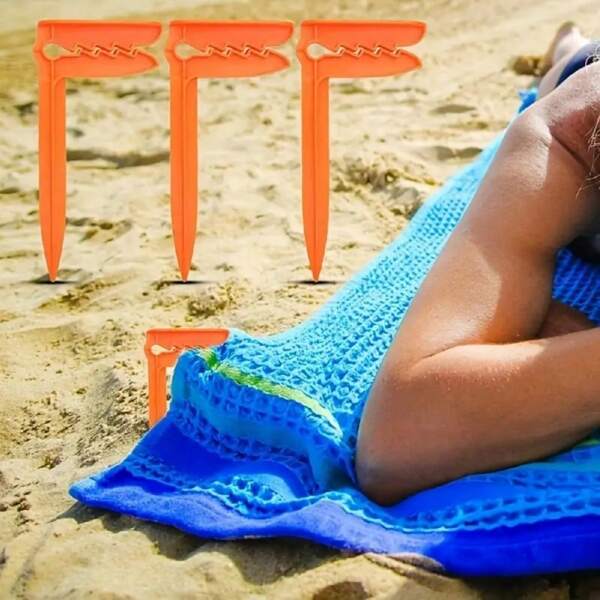 4 piezas Pinzas para toalla de playa naranja/negras, pinzas de plástico para playa y campamento, soporte multiusos para toalla y esterilla de picnic con agarre fuerte, pinzas para toalla de playa y esterilla de plástico resistente para arena, agua, césped - Accesorios para exteriores para camping, picnic, borde de la piscina