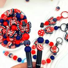 Set de 25 cuentas redondas y mariposas, en diversos estilos DIY, set de cuentas de silicona con diseño de mariposas y estilo del Día de la Independencia de Estados Unidos, adecuado para hacer pulseras, collares, colgantes y otros adornos decorativos creativos. Cuentas de silicona, cuentas redondas, mariposas, pequeños regalos DIY.