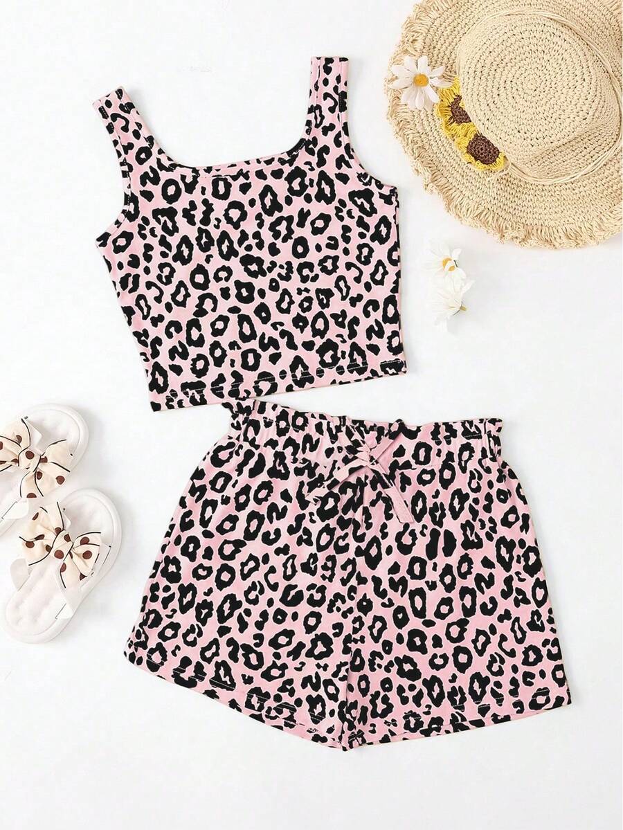 Tween Girls Leopard Print Allover Pattern Cute Casual Tank Top And Shorts Set, Summer - Pink - View 1
