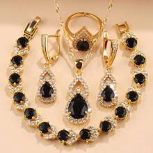 Elegant Luxury 5-Piece Jewelry Set: Synthetic Zirconia Teardrop Earrings, Pendant, Bracelet, Ring, Necklace - 18K Golden Plated Copper - Wedding, Christmas, All-Season Gift For Her