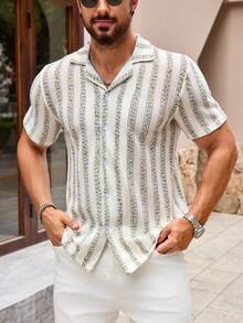 Men's Cuban Collar Lace Knitted Short Sleeve Button Shirt - Green - View 4