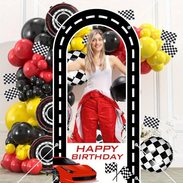 Moldura de Foto com Tema de Carro de Corrida - Design de Carro Vermelho e Bandeira Xadrez para Aniversários e Comemorações, Bottom de Decoração para Evento de Corrida