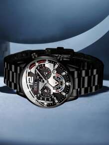 4-teiliges Herren Schmuckset mit schwarzem Armband, modische Lässig Uhr mit gemischter Skala und Kalender, Quarzuhrwerk, Armband, Halskette, Ring, geeignet für tägliche Dekoration oder als Urlaubsgeschenk