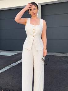 Jeta Ari Summer Linen Color Linen Suit Vest Two-Piece Set Ladies" Fashionable Solid Color Button Contrast Color Sleeveless Top And Trousers Set Wear Comfortable Fabric Breathable Soft Suitable For Commuting Daily Holiday Wear - Khaki - View 2