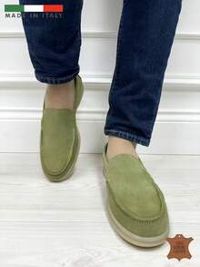 Mokasyny ze skóry licowej, ręcznie robione, włoskie, zamszowe - Zielony - Zobacz 3
