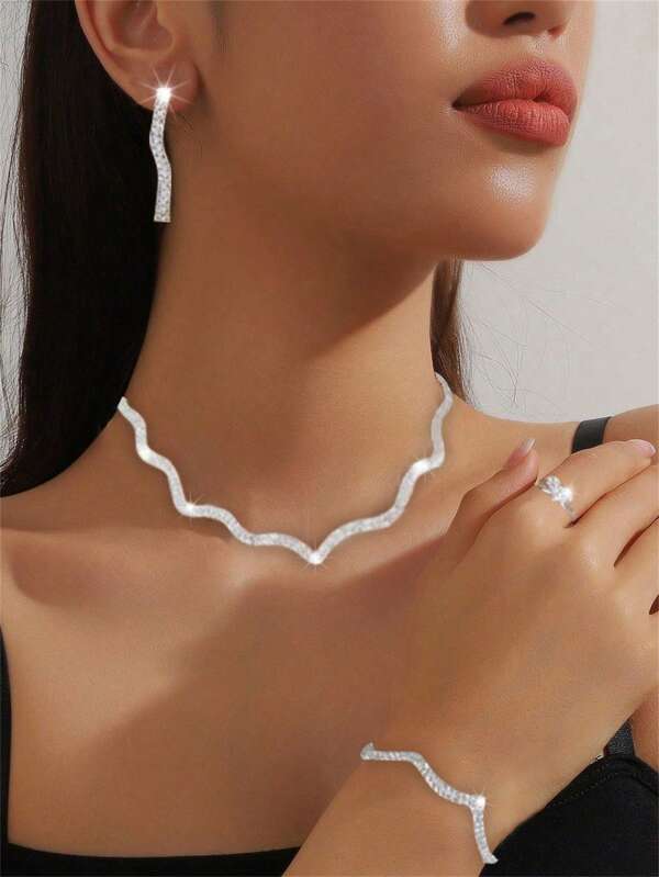 4pcs Silver-Plated Jewelry Set With Rhinestones, Elegant & Fashionable