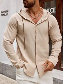 Camisa com Capuz de Algodão e Linho Masculina de Manga Longa, Leve, Macio e Respirável, Camisa com Botões Casual, Fashion, Tops/Para Uso Diário/Férias na Praia