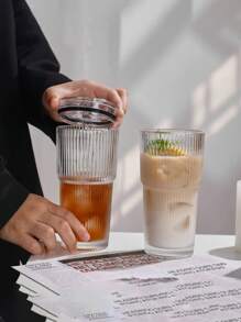 1 pieza, Vaso de vidrio con rayas, con pajita y tapa - 20.29oz/600ml, Vaso de vidrio para beber visualmente atractivo adecuado para café, té, whisky, leche, Americano y bebidas con leche con hielo