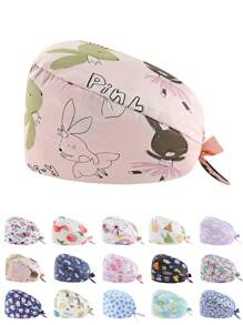 1 pieza Gorro de enfermera con estampado digital de flores, animales y corazones sobre fondo rosado, de mezcla de algodón. Adecuado para médicos, enfermeras, salones de belleza, hospitales veterinarios y profesionales de limpieza. Anti-bacterial y anti-polvo